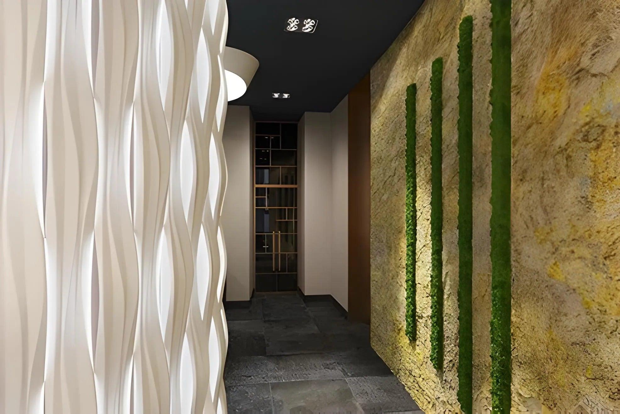 residential interior, gypsum 3d wall panels with light element, flowing  wave design wall coverings