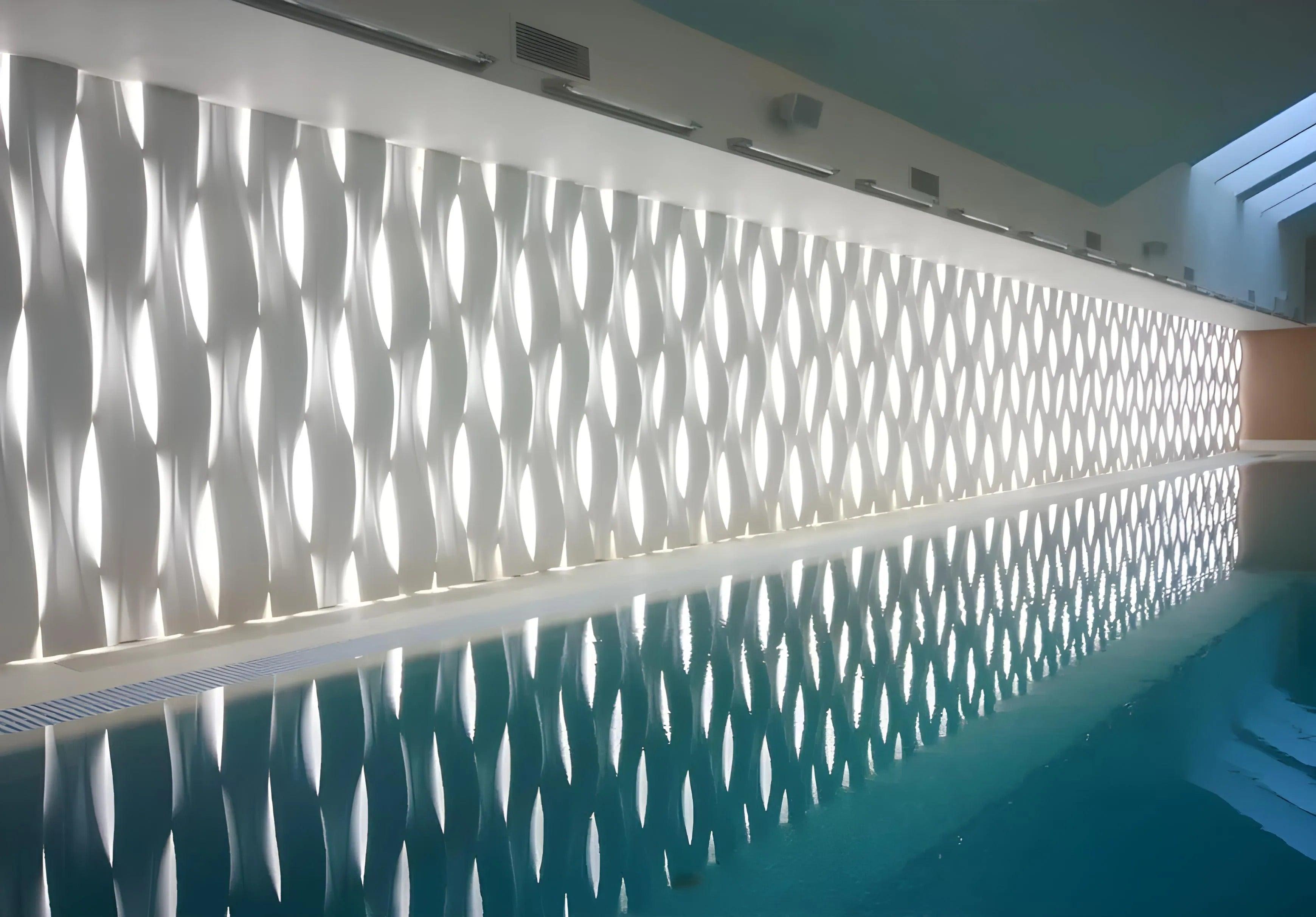 SPA pool side interior, gypsum 3d wall panels with light element, flowing  wave design wall coverings