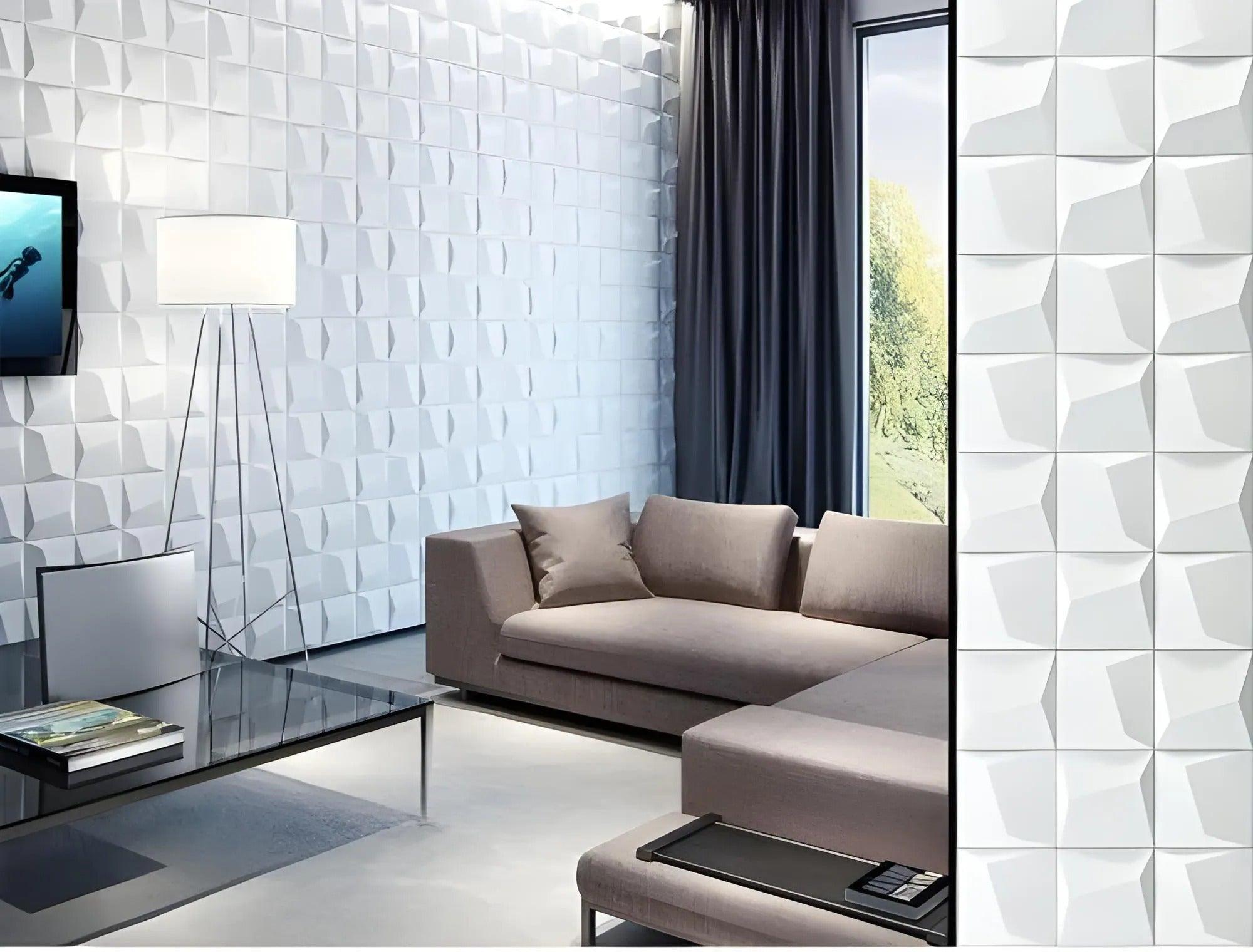 product photo 3d porcelain plaster wall ceiling panels abstract faceted square design, living room design feature wall white three dimensional art