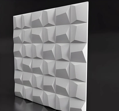 product photo 3d porcelain plaster wall ceiling panels abstract faceted square design, living room design feature wall white three dimensional art