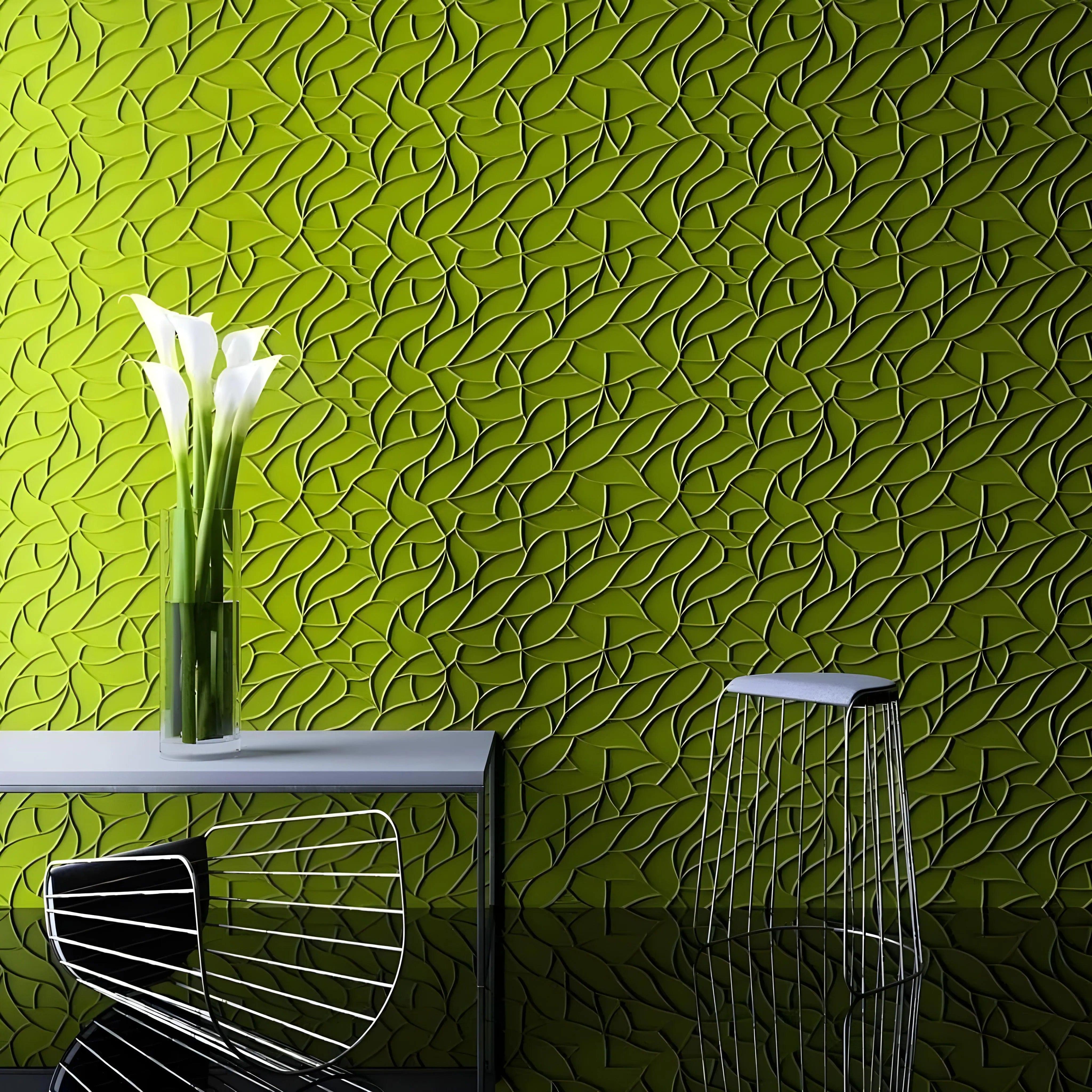 product photo 3d gypsum wall panel Swiss quality white floral wave pattern green feature wall