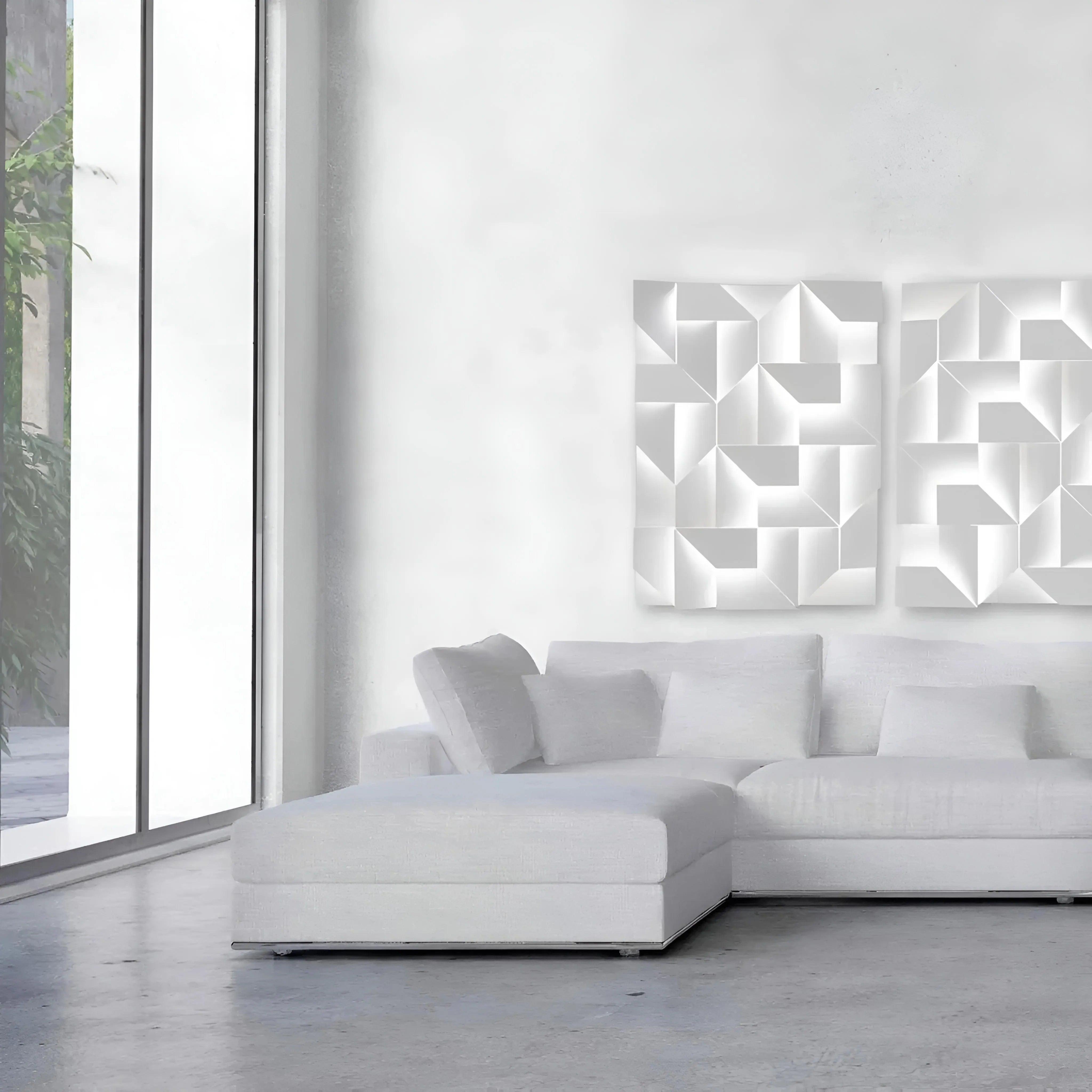 3d wall panel gypsum irregular abstract shape led lighting feature wall  living room white