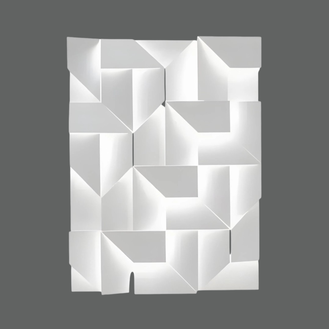 Geometric 3D wall panels with dynamic angles and sculptural depth, crafted from high-quality gypsum. These textured panels create striking light and shadow effects, ideal for modern interiors. As non-combustible and eco-conscious plaster wall cladding, they seamlessly enhance both residential and commercial spaces.