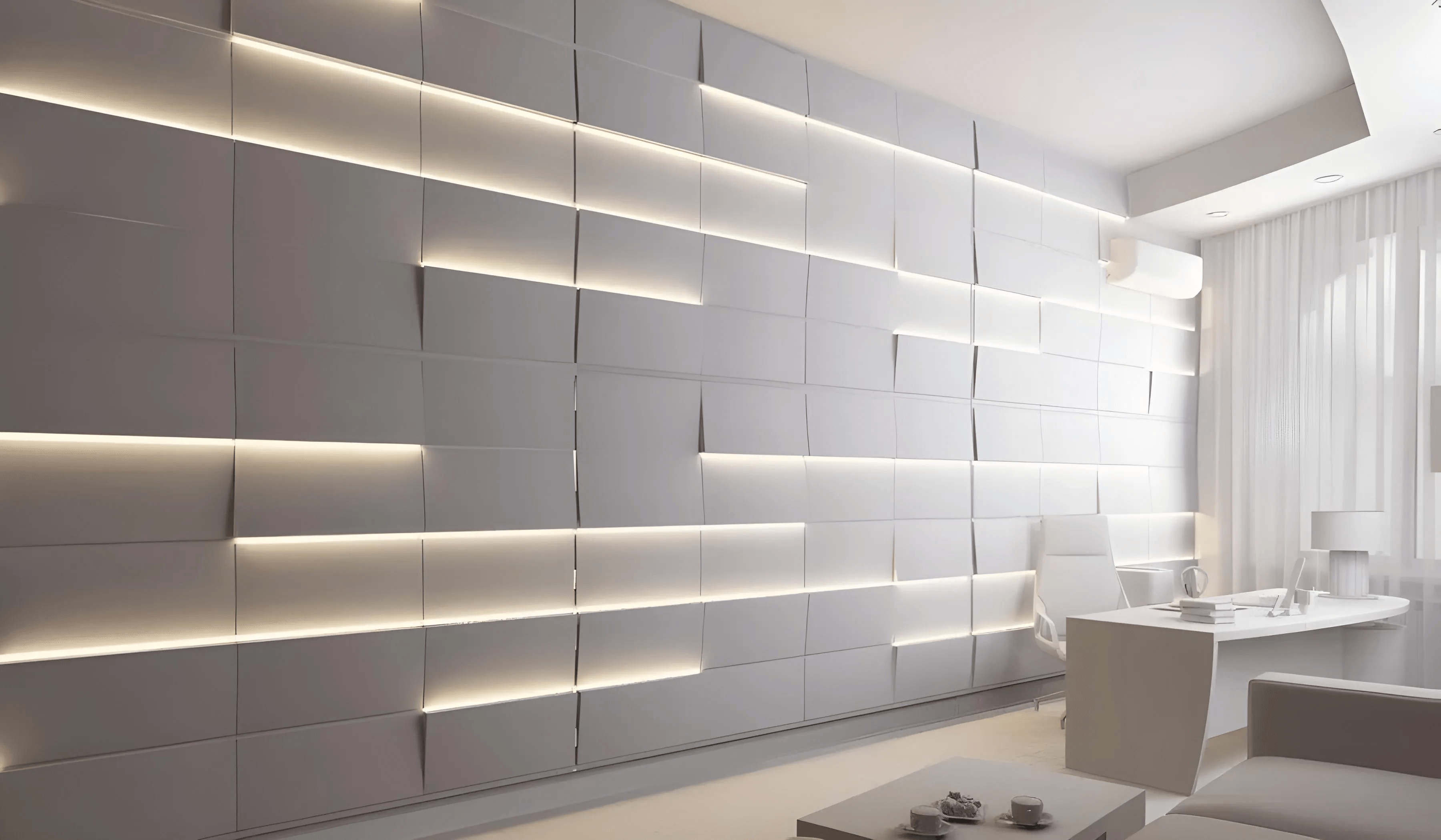 textured decorative wall panels, 3d gypsum panels with led light, feature wall with build-in light, office interior in white with three dimensional feature wall