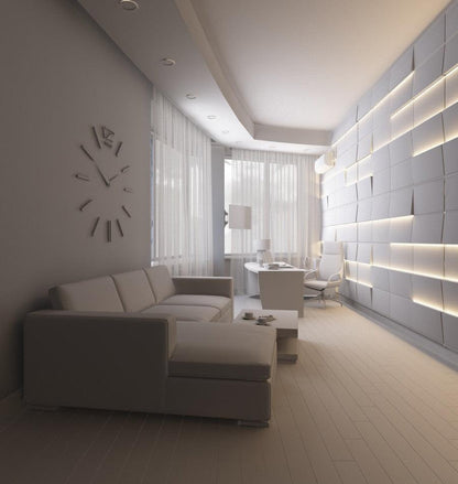 textured decorative wall panels, 3d gypsum panels with led light, feature wall with build-in light, white living room and office interior with a three dimensional art wall illuminated 