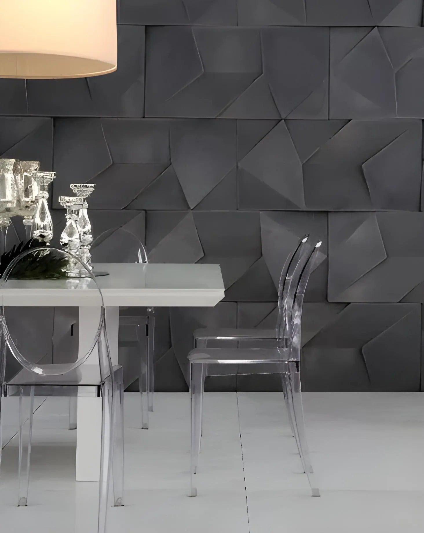 3d wall panel gypsum Swiss quality abstract origami pattern modern interior design black feature wall dining room