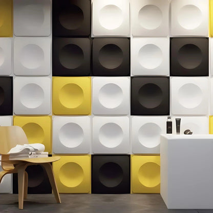 3d wall design gypsum panels squares and circles product photo multi colour modern design boutique salon