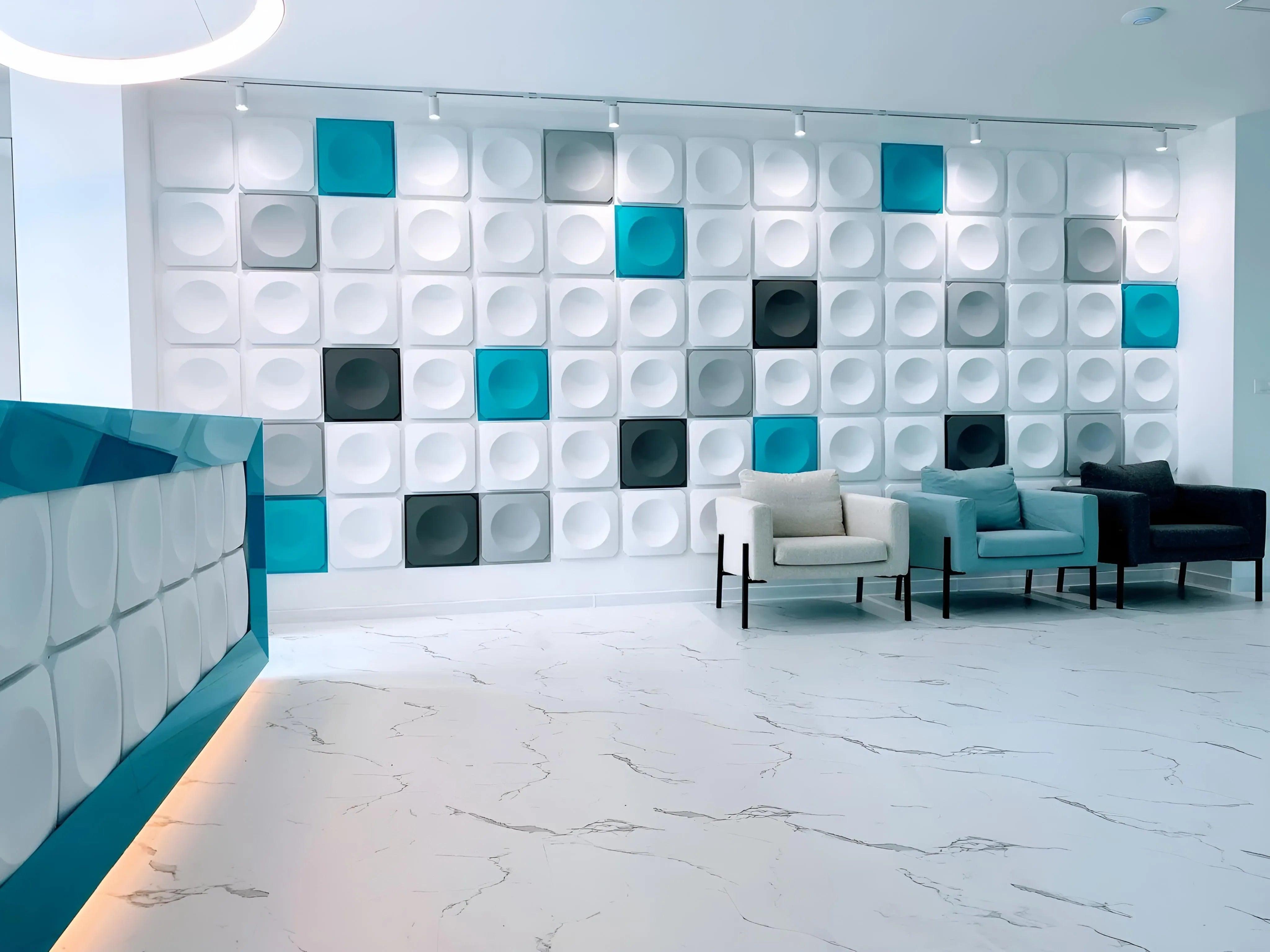 3d wall design gypsum panels squares and circles product photo reception clinic waiting room clen design