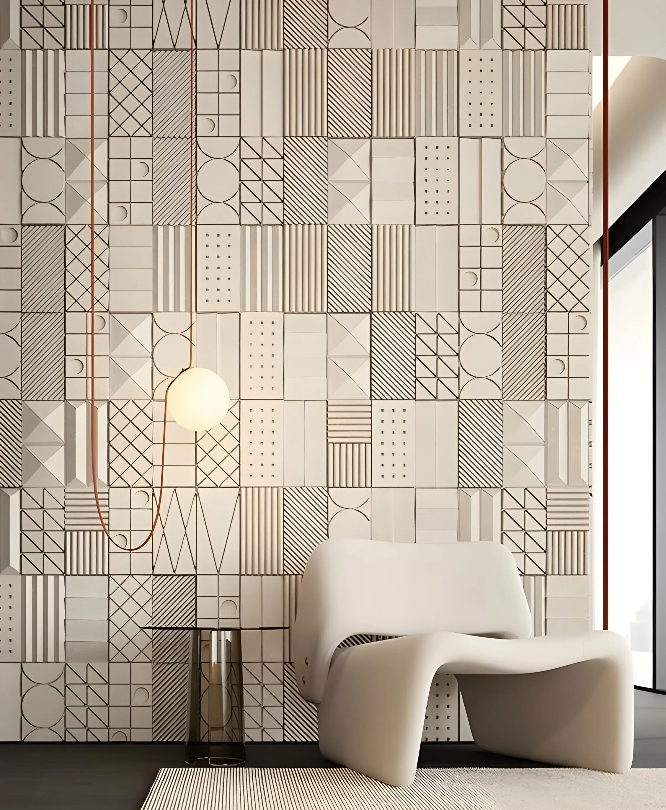 A striking fusion of art and architecture, these 3D wall panels create a visually dynamic statement with their geometric relief pattern. Crafted from high-quality gypsum, they offer fire resistance and eco-conscious design, making them ideal for contemporary interiors. The interplay of light and shadow enhances their sculptural effect, adding depth and texture to any space.