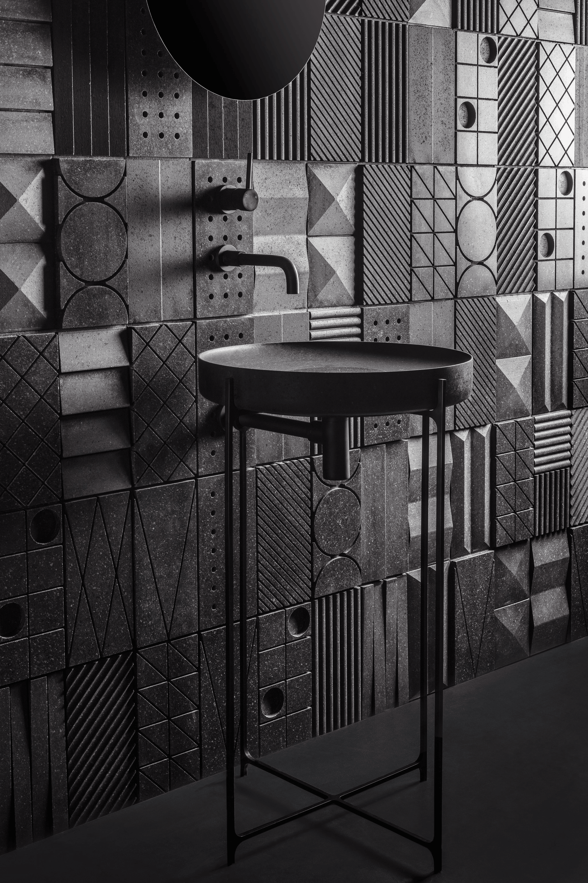 3d wall gypsum panel abstract geometric design Swiss quality public batchroom restaurant hotel dark grey feature wall