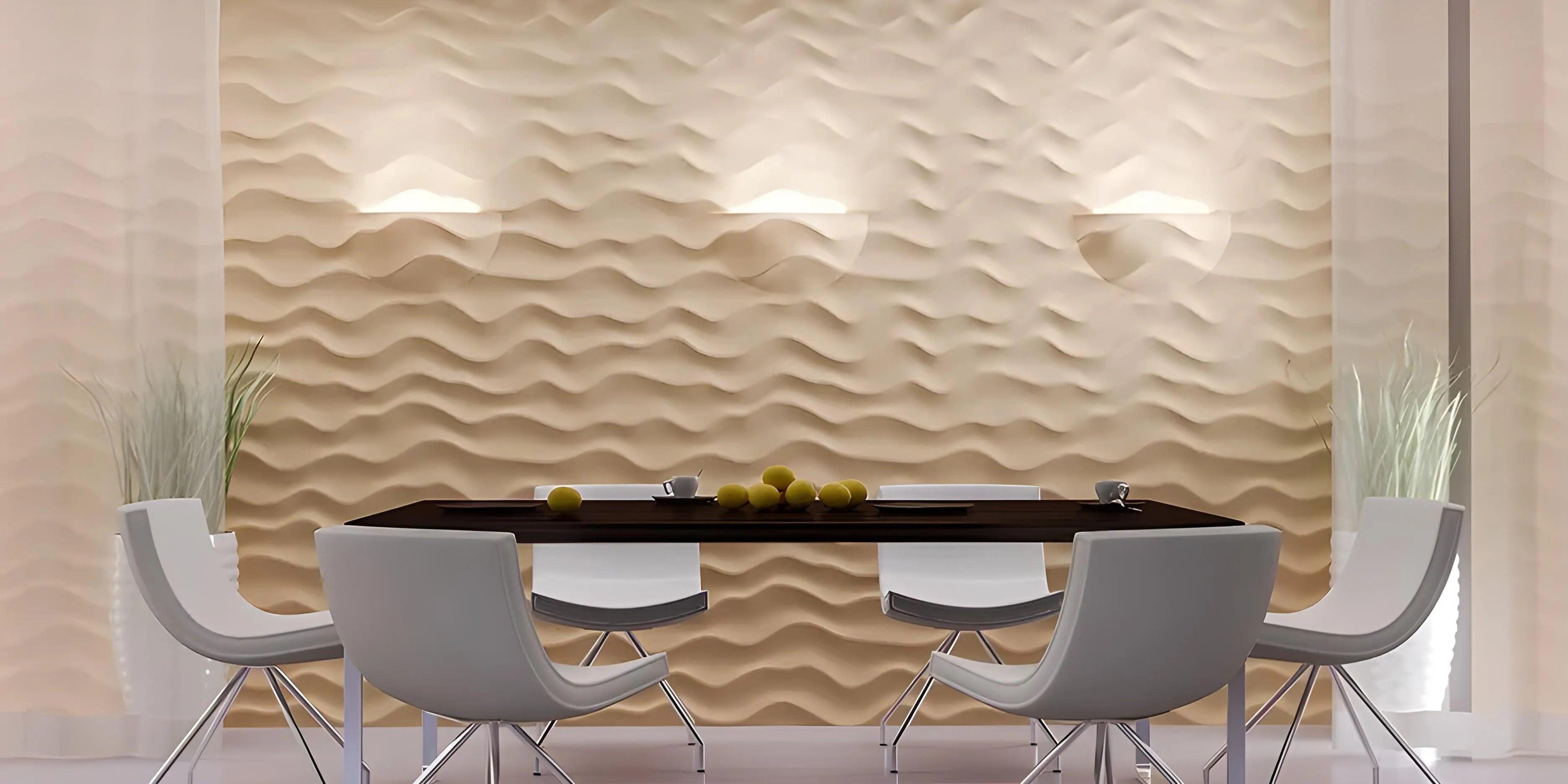 3d textured panels porcelain plaster effect, three dimensional wall art, 3d gypsum panels, dining room textured feature wall warm beige wave attern