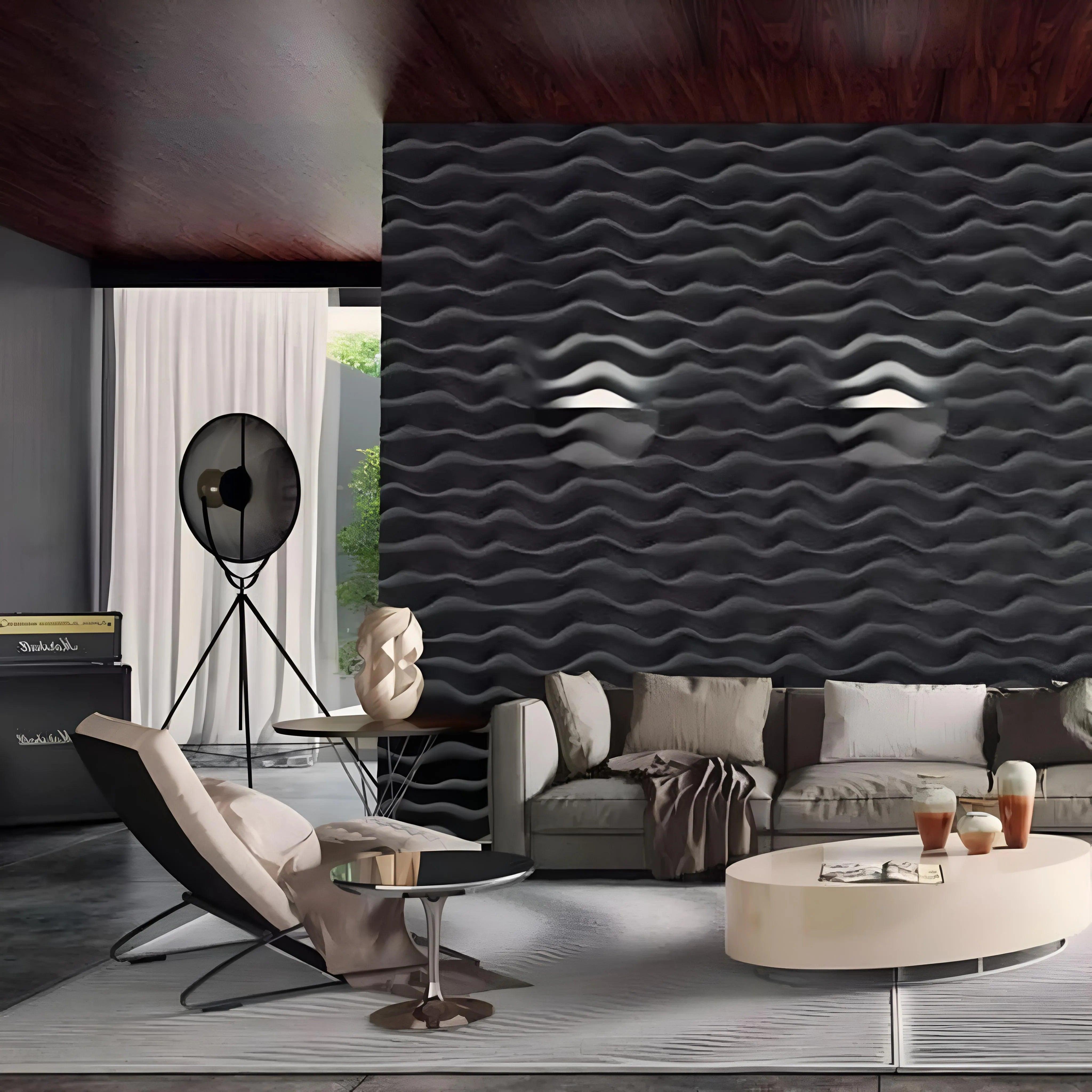 3d textured panels porcelain plaster effect, three dimensional wall art, 3d gypsum panels, living room interior with black textured feature design wall