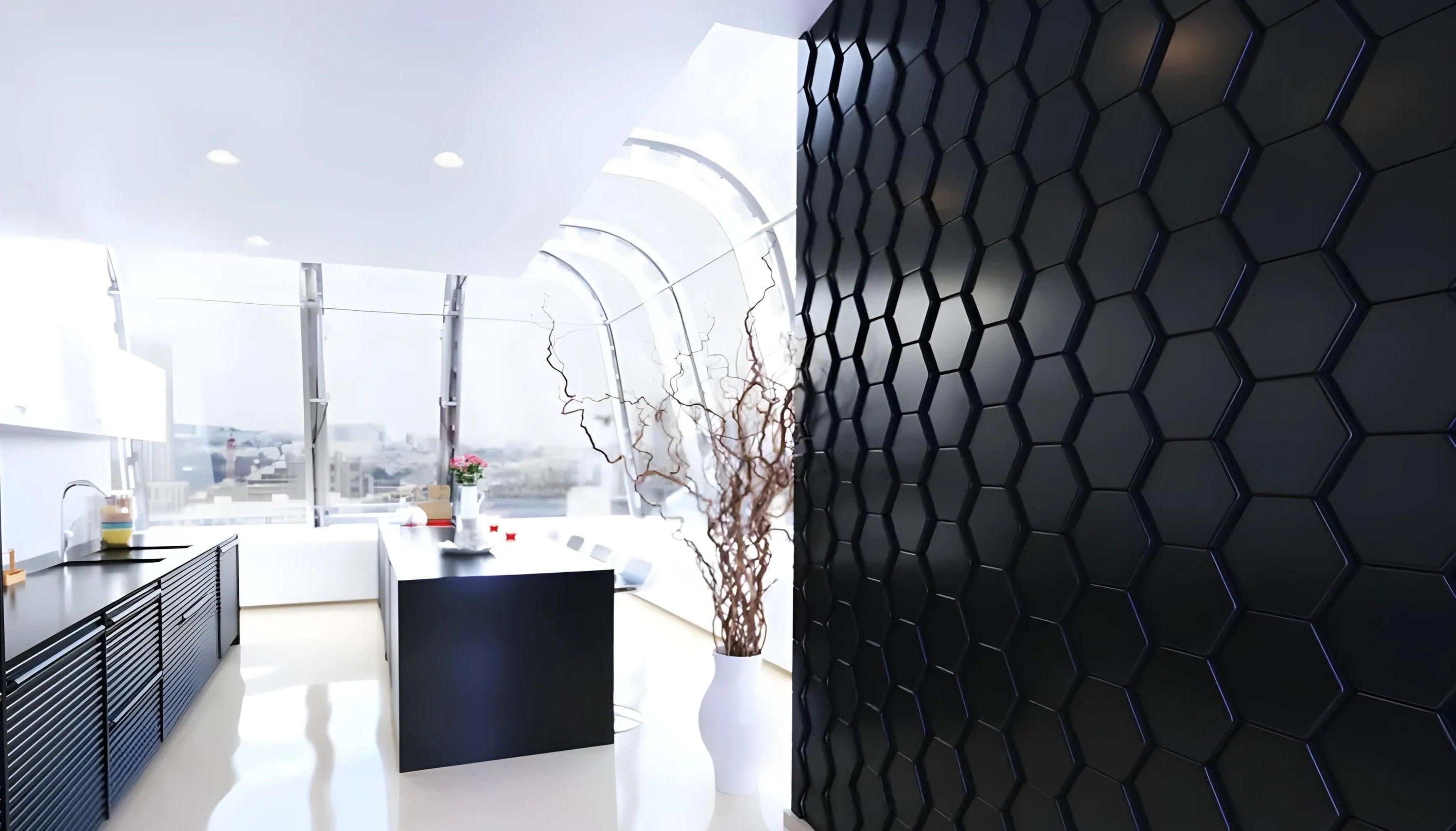 3d wall gypsum panels hexagon beehive design feature wall black kitchen wall