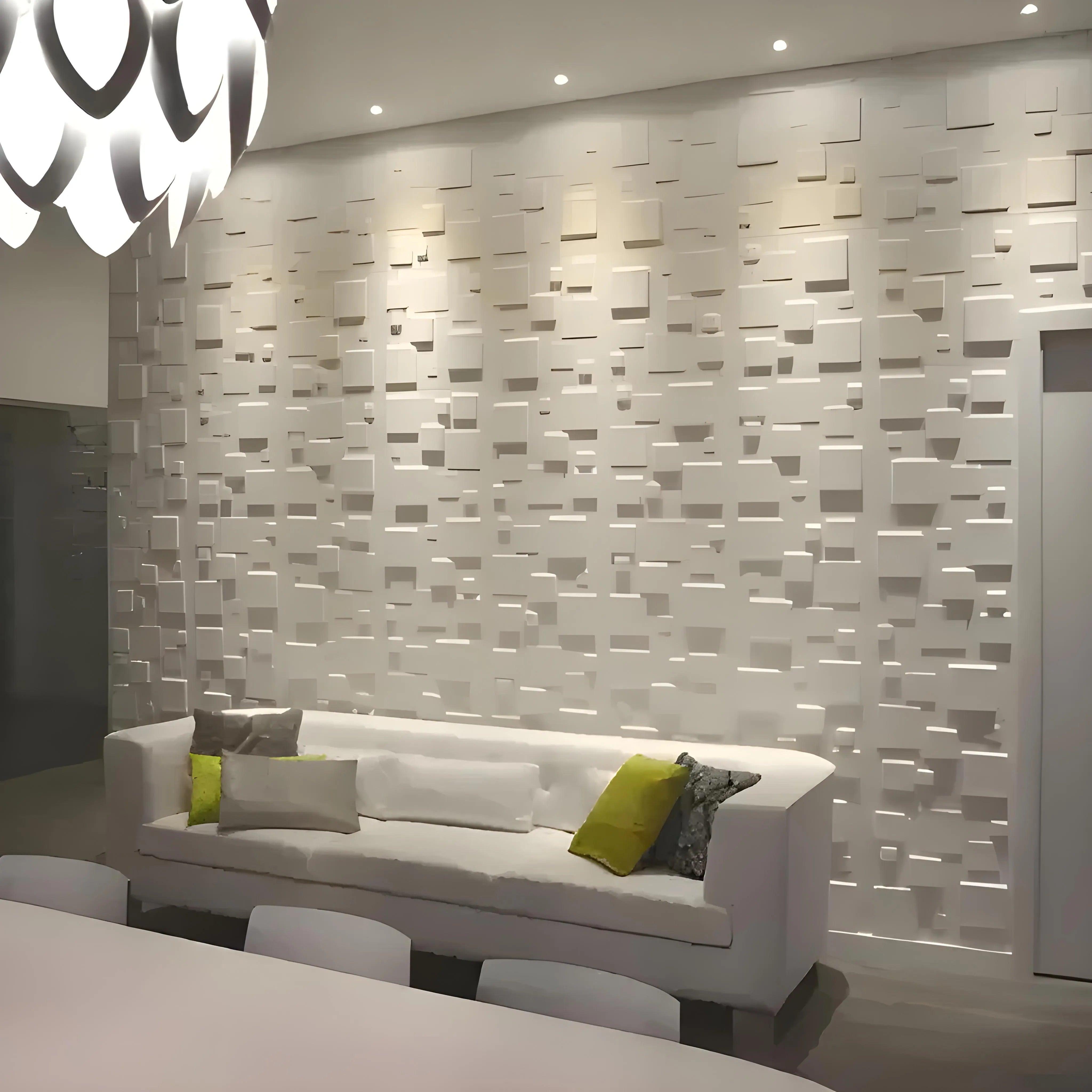 3d gypsum panels block square pattern on the wall living room interior in white