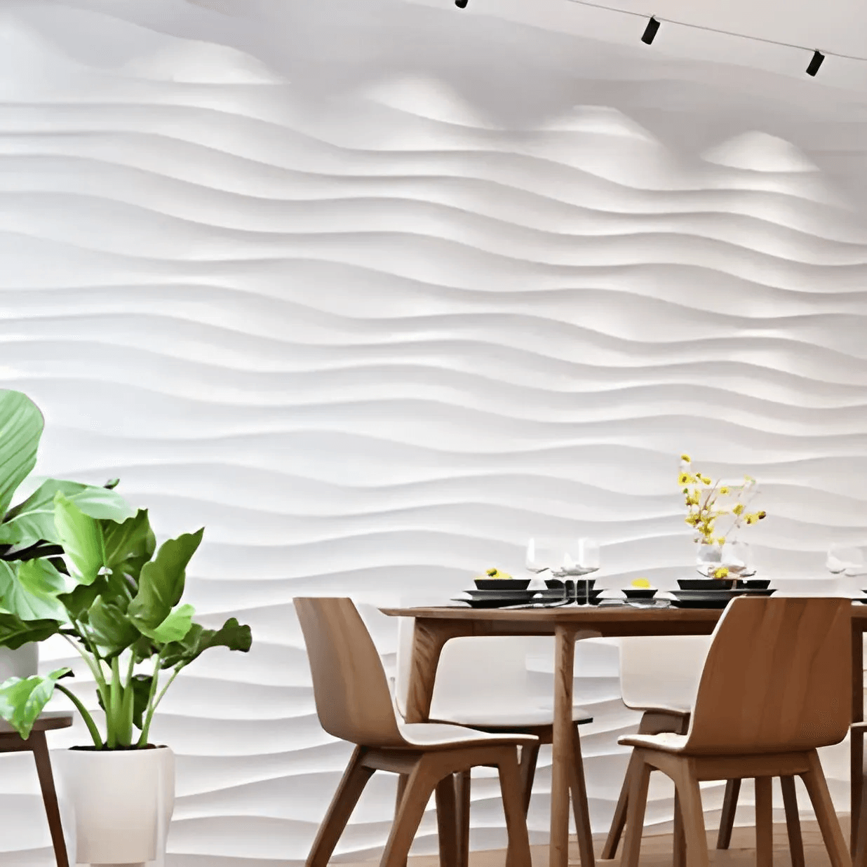 3d porcelain plaster wall covering, waves pattern design, three dimensional wall at installation, dining room feature wall in white