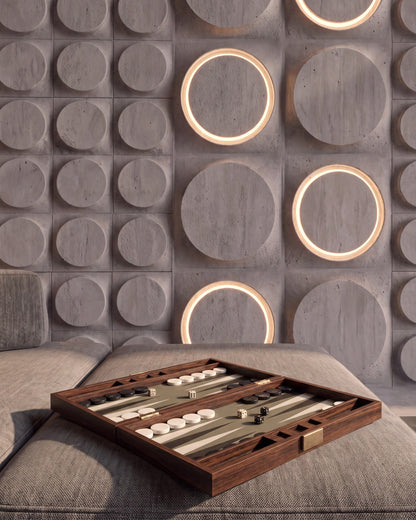 COSMIC 0012 LED gypsum 3D wall panel detail above a lounge seat with backgammon board