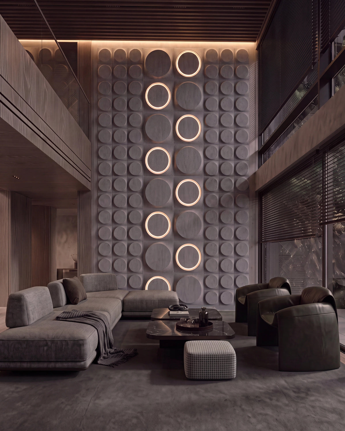 Kandes COSMIC 0012 gypsum 3D wall panels with LED halo rings on a double height living room wall at dusk