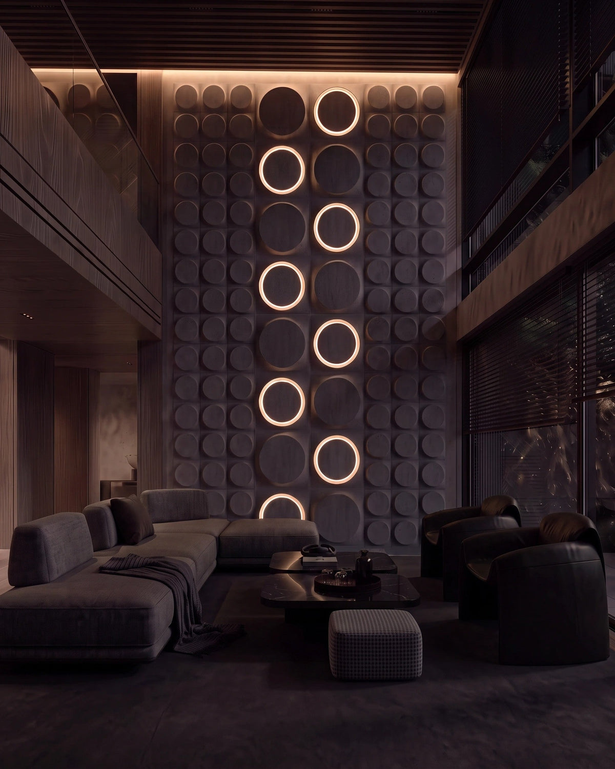 COSMIC 0012 LED gypsum 3D wall panels glowing on a dark living room feature wall at night