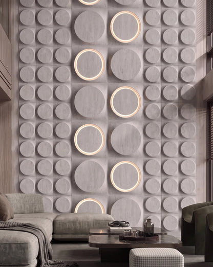 COSMIC 0012 gypsum 3D wall panel texture detail with LED ring and relief discs