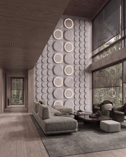 COSMIC 0012 gypsum 3D wall panels in large and medium format on a daylight living room feature wall