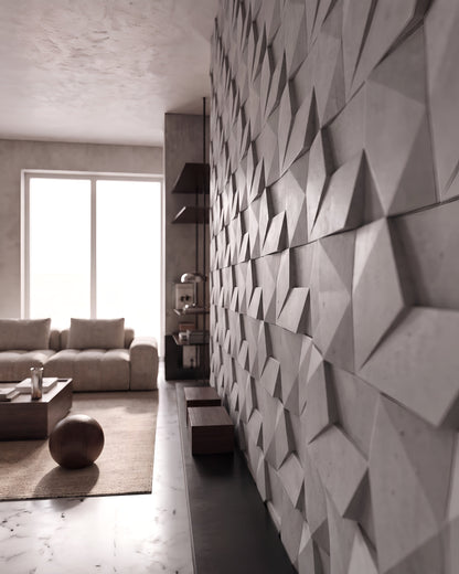 ORIGAMI 0024 gypsum 3D wall panels at a raking angle in a bright living room