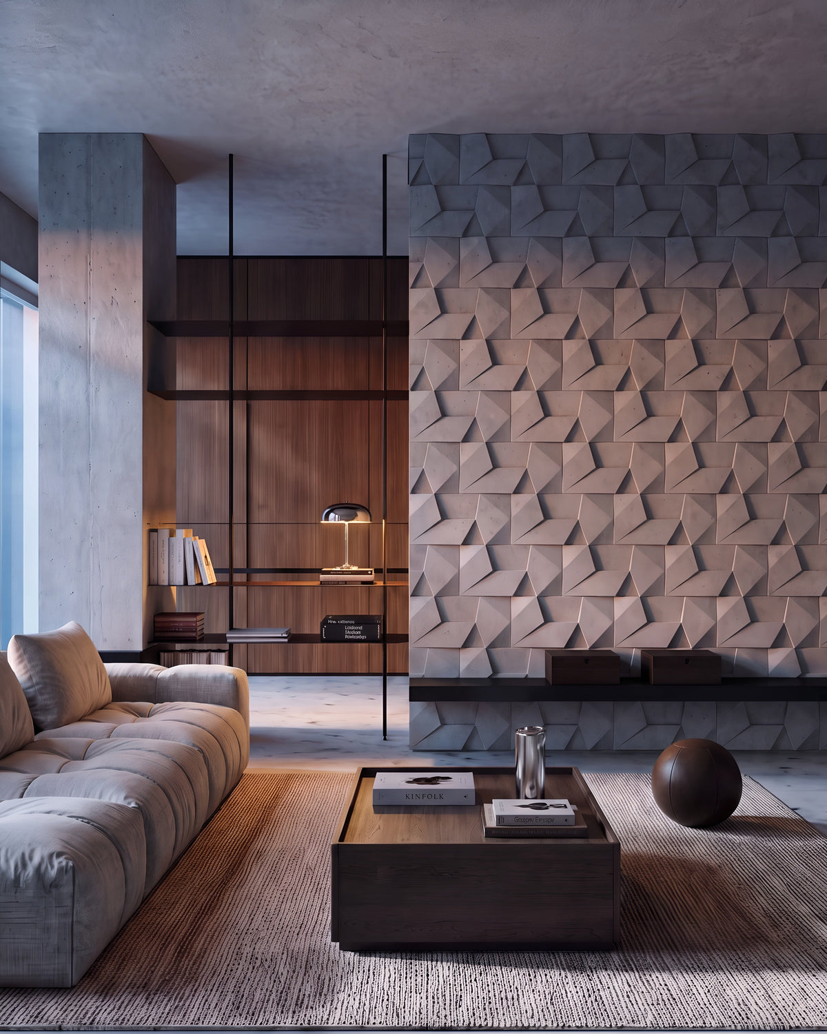 ORIGAMI 0024 gypsum 3D wall panels in a living room at dusk with warm shelf lighting