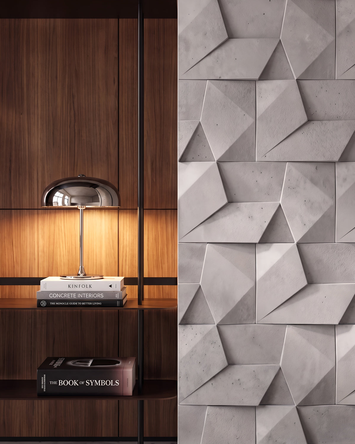 ORIGAMI 0024 gypsum 3D wall panel detail beside a lit walnut bookshelf