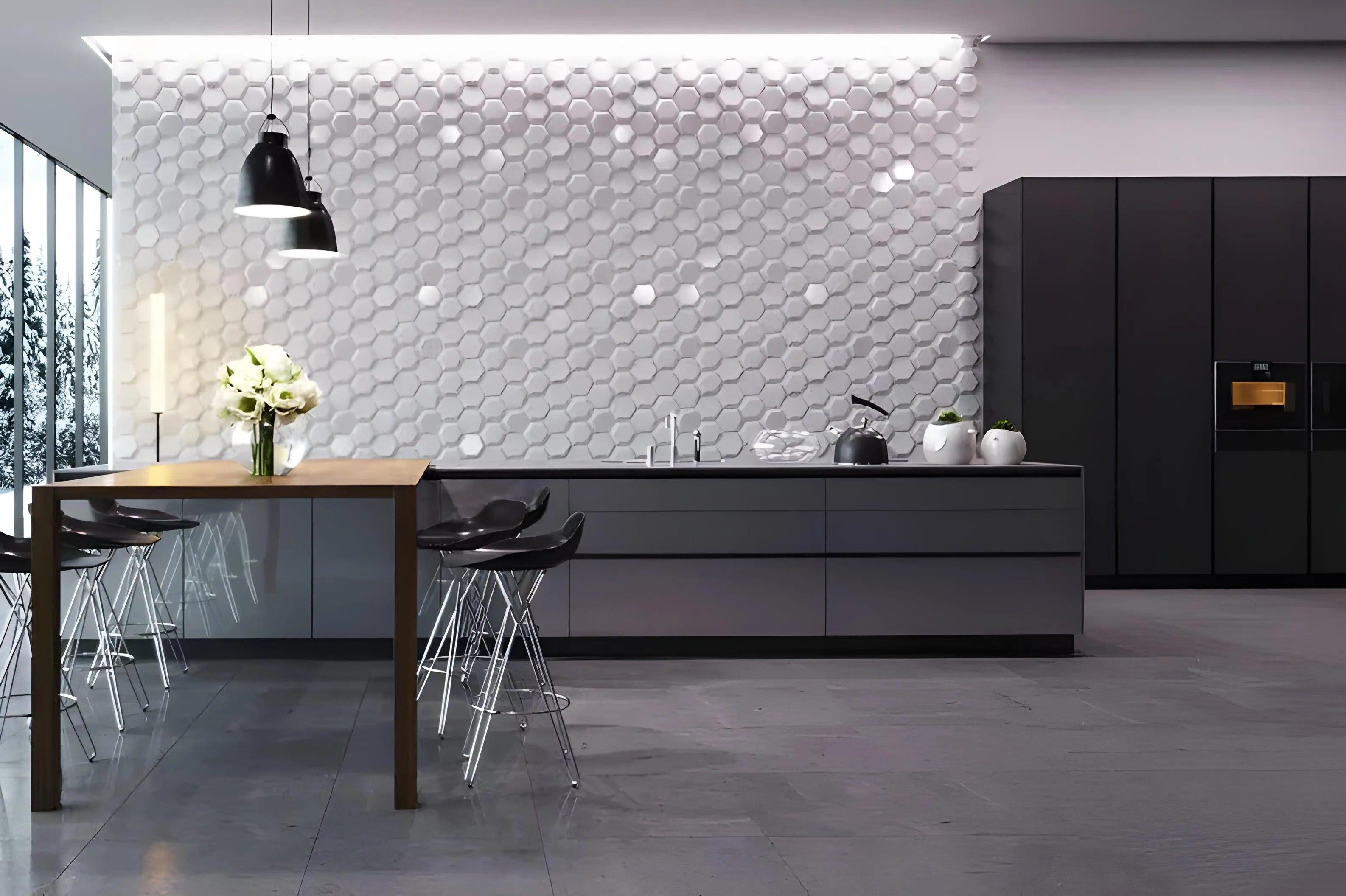 honeycomb 3d wall design 3d gypsum panels Swiss quality white kitchen feature wall