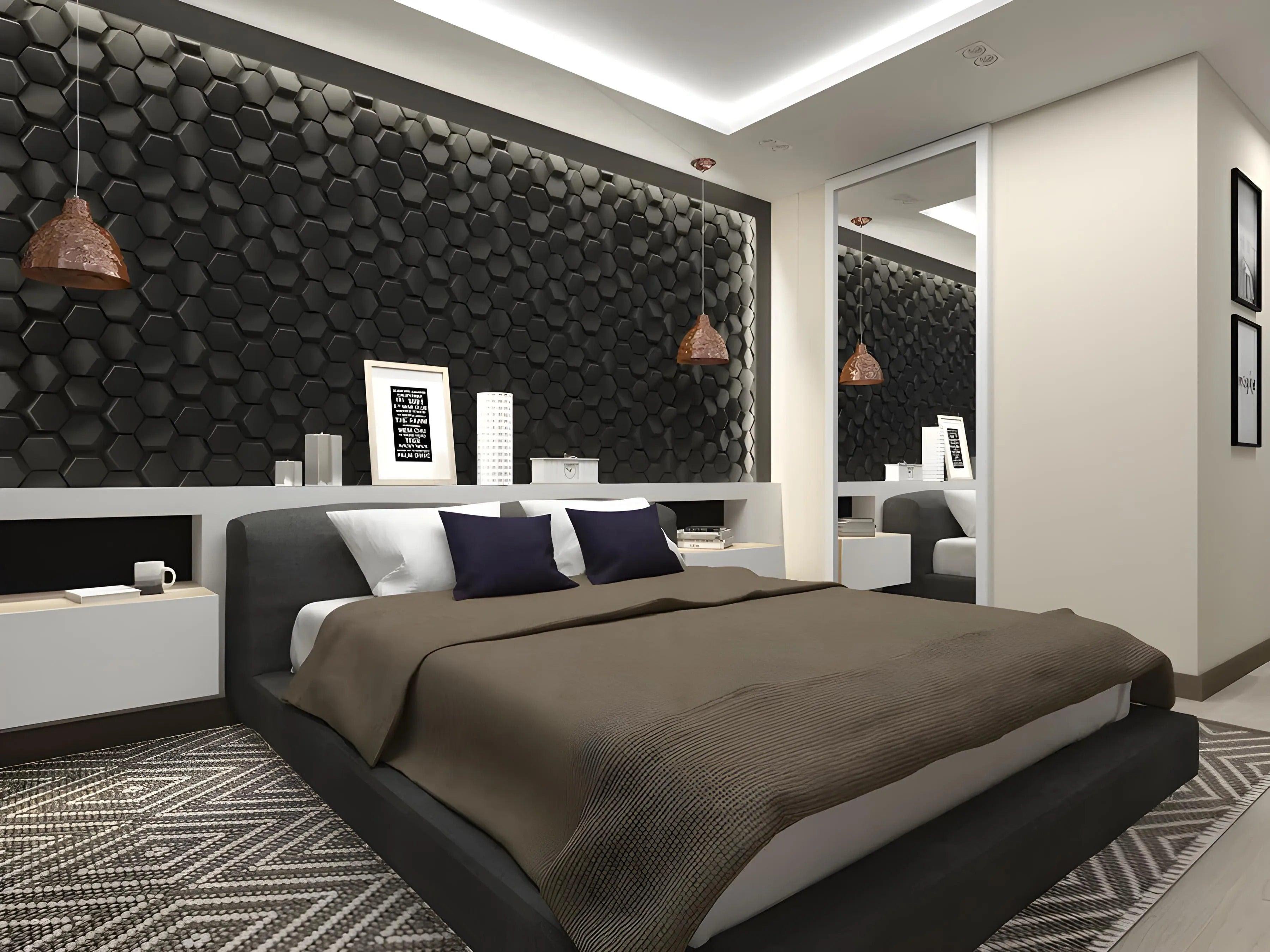 honeycomb 3d wall design 3d gypsum panels Swiss quality black hotel bedroom feature wall