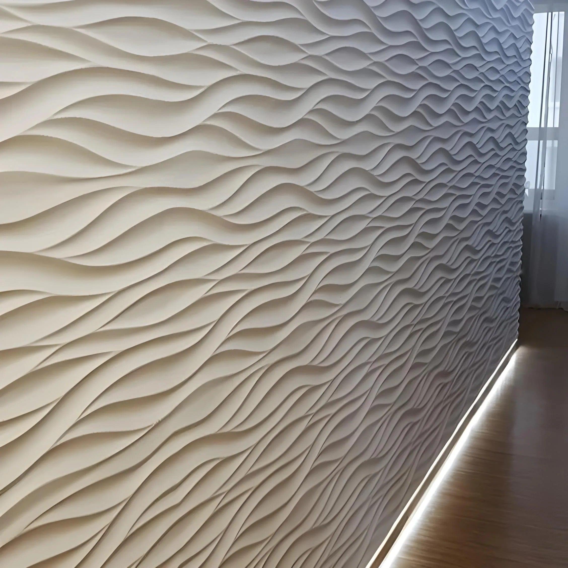 product photo, 3d textured decorative wall panel, 3d gypsum porcelain plaster wall covering, wave smooth lines design pattern, large three dimensional wall art white