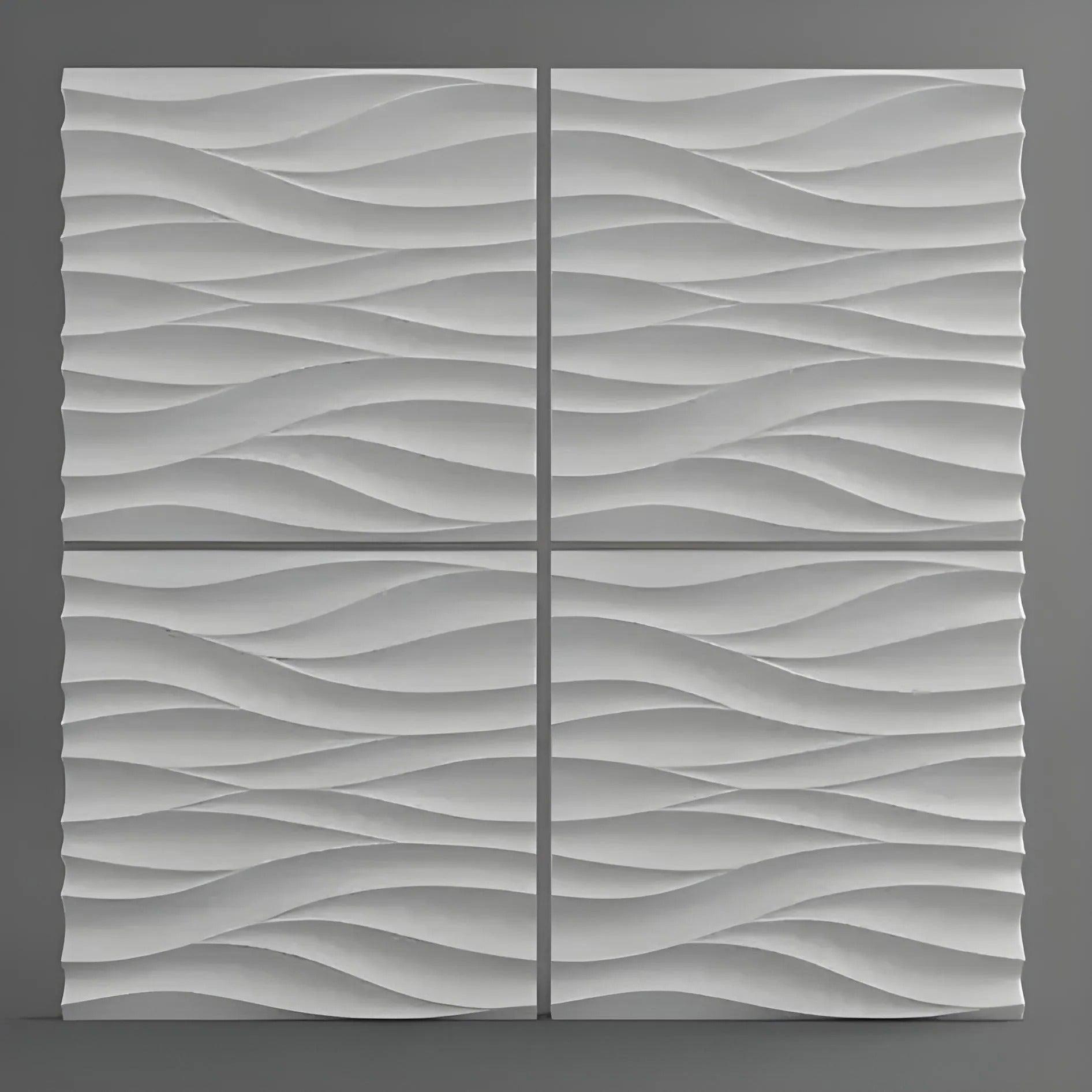 product photo, 3d textured decorative wall panel, 3d gypsum porcelain plaster wall covering, wave smooth lines design pattern, photo with 4 panels