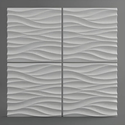 product photo, 3d textured decorative wall panel, 3d gypsum porcelain plaster wall covering, wave smooth lines design pattern, photo with 4 panels