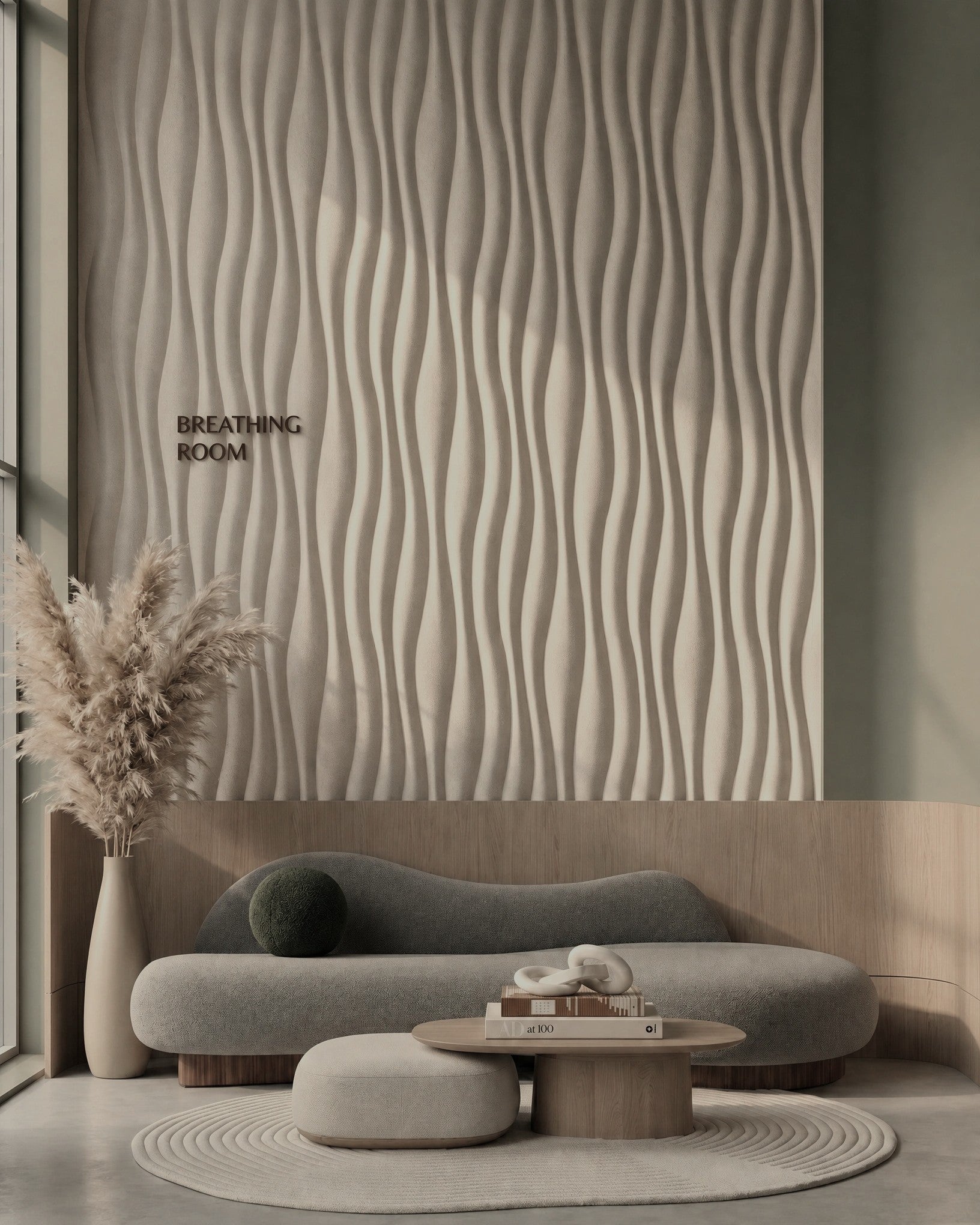 Kandes RIPPLE 0076 gypsum 3D wall panels on a lounge feature wall above a curved sofa
