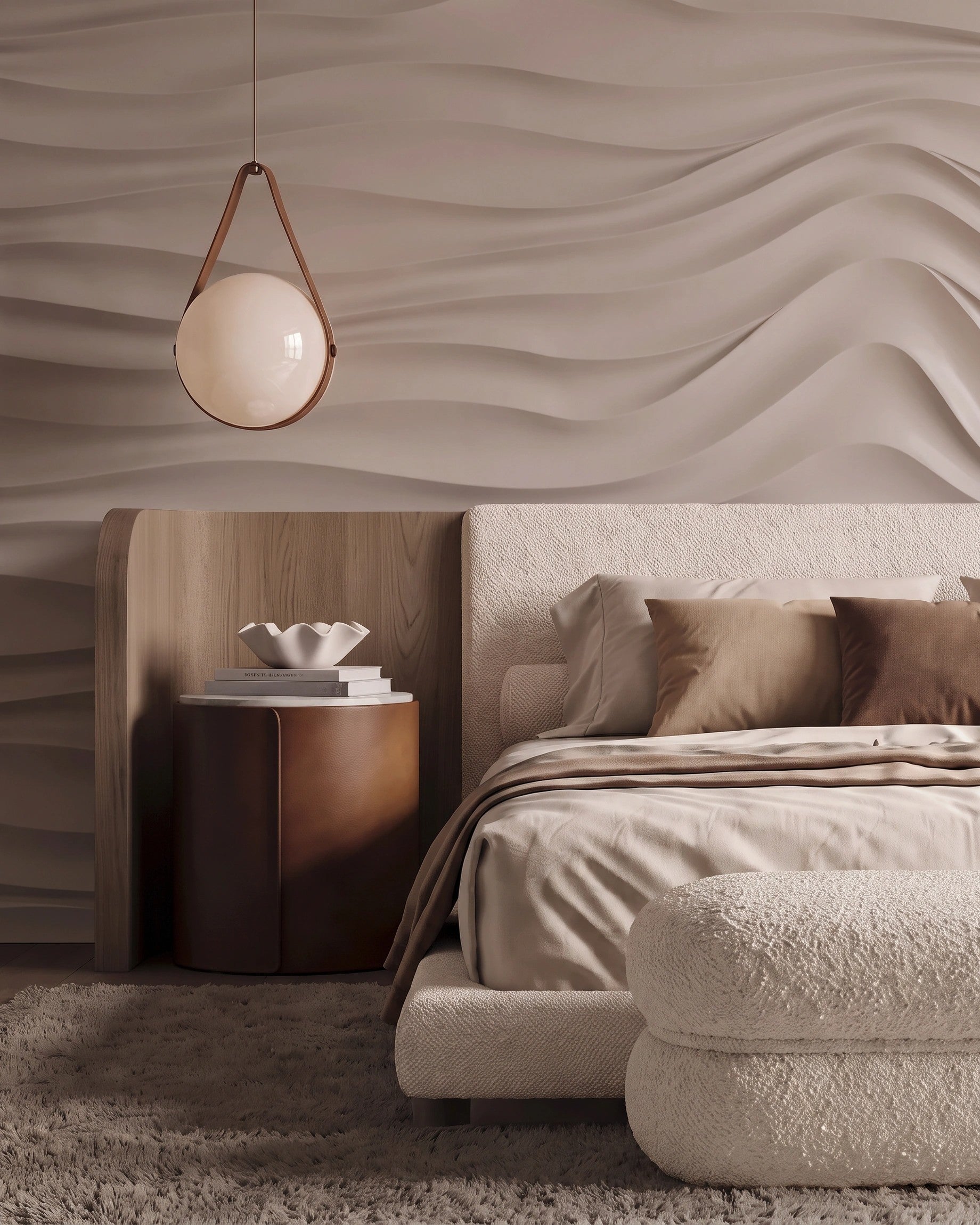 SURF 0077 gypsum 3D wall panel wave relief above an upholstered bed