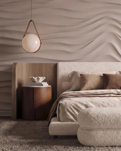 SURF 0077 gypsum 3D wall panel wave relief above an upholstered bed