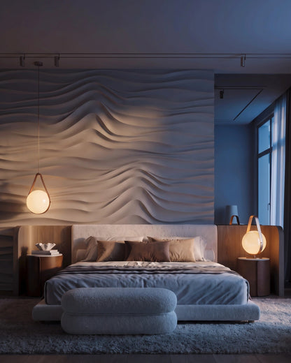 SURF 0077 gypsum 3D wall panels in a bedroom at dusk with warm accent lighting