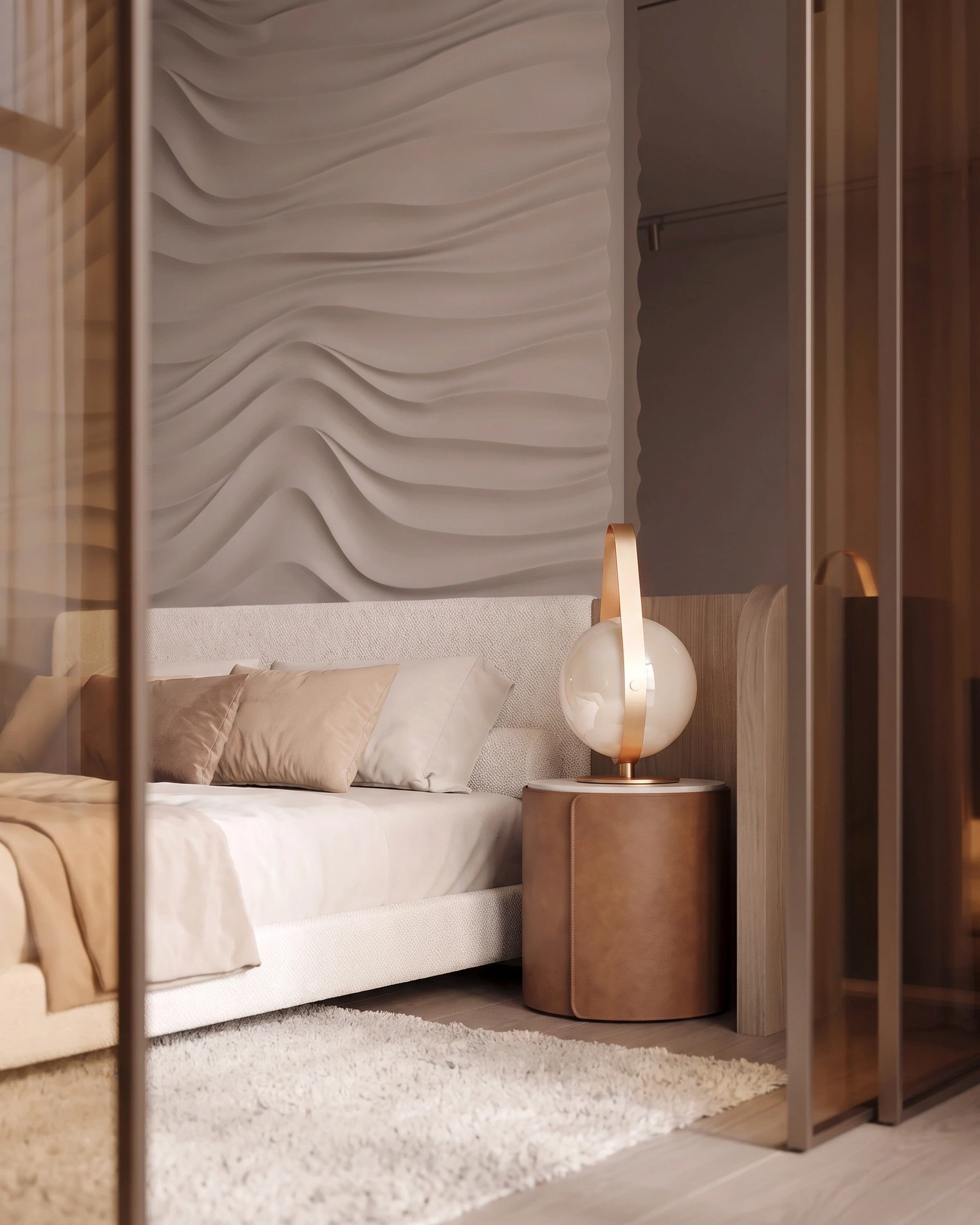 SURF 0077 gypsum 3D wall panels seen through bronze glass in an elegant bedroom