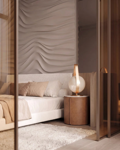 SURF 0077 gypsum 3D wall panels seen through bronze glass in an elegant bedroom