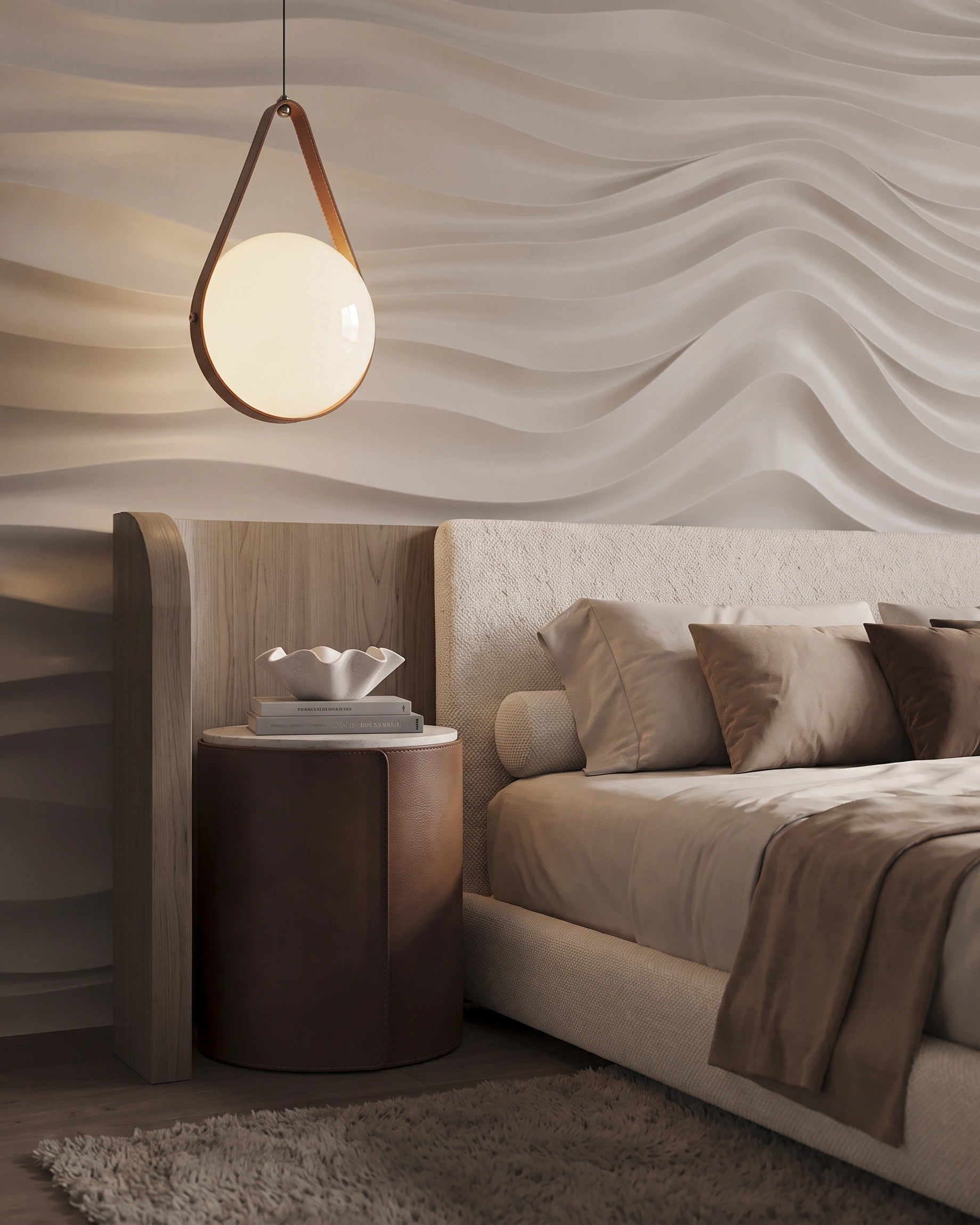 SURF 0077 gypsum 3D wall panel waves beside a pendant lamp and bedside table