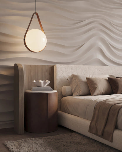 SURF 0077 gypsum 3D wall panel waves beside a pendant lamp and bedside table