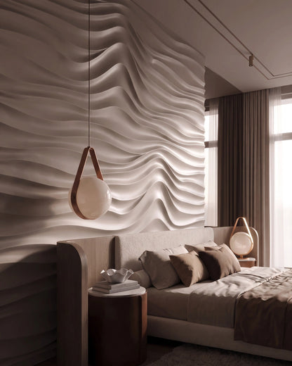 SURF 0077 gypsum 3D wall panel feature wall in a bedroom with curtained windows