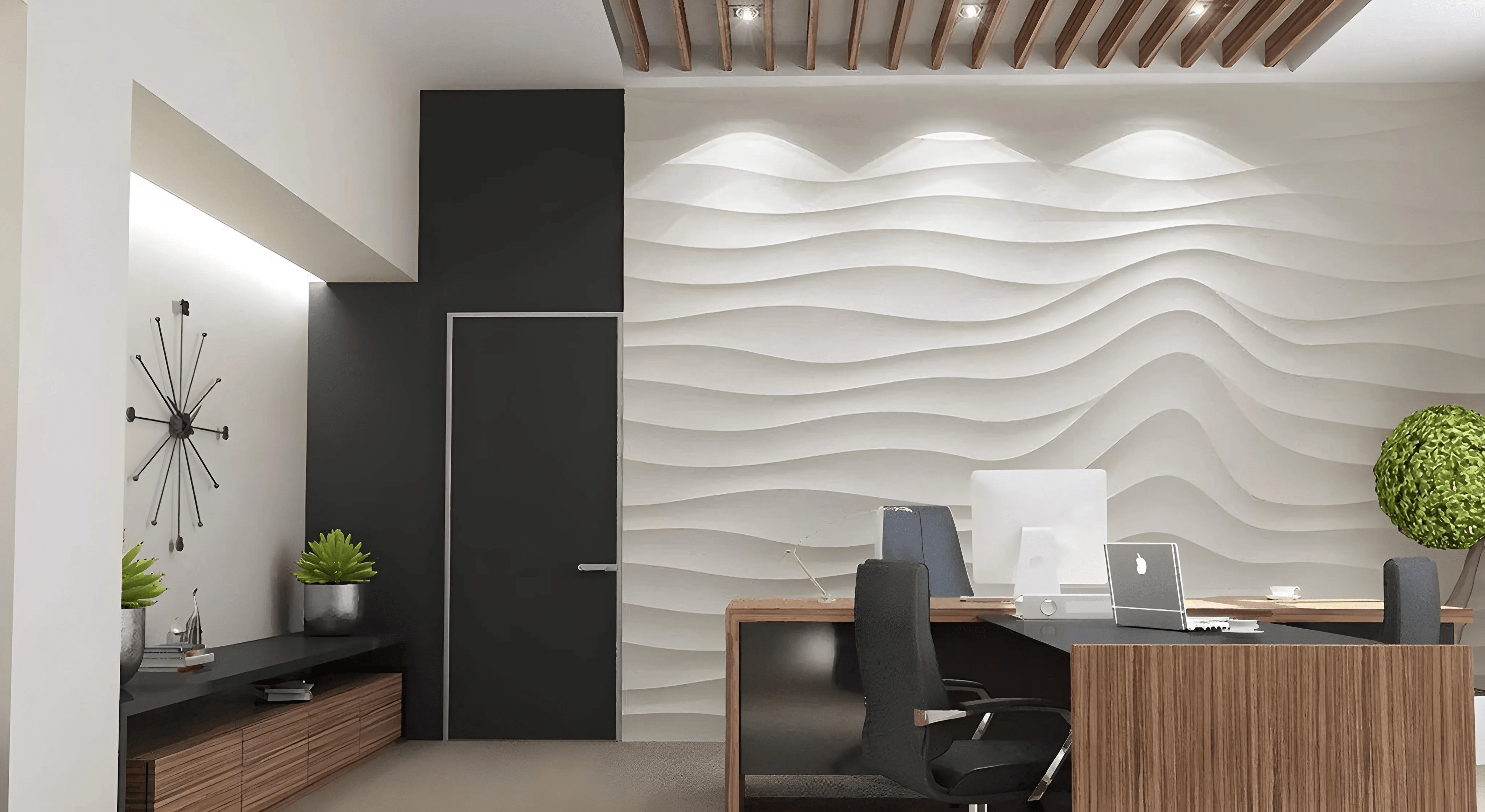 3d textured decorative wall panels, 3d gypsum porcelain plaster wall panel, wave design curved lines, office with three dimensional feature wall in white