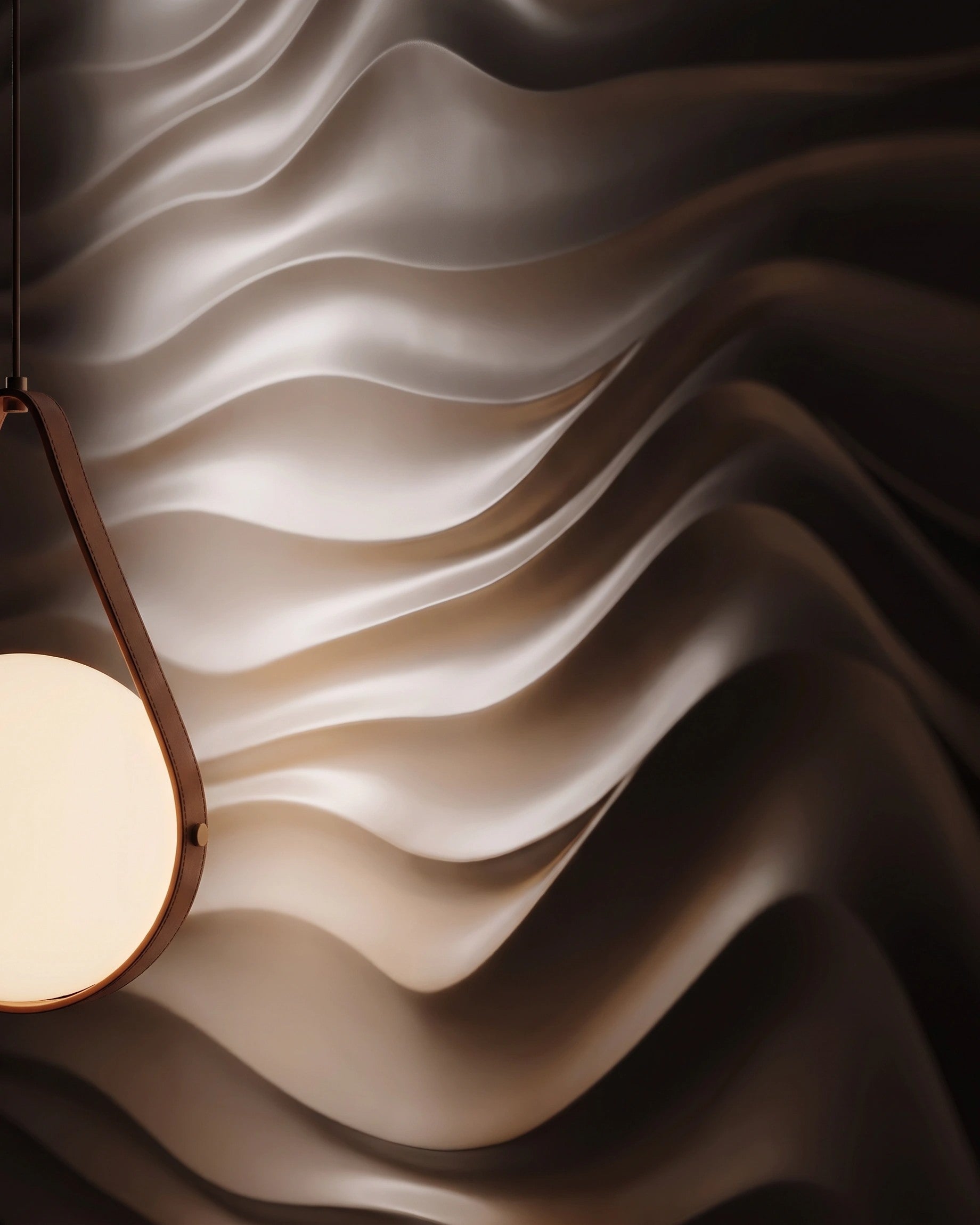 SURF 0077 gypsum 3D wall panel wave texture close up in warm pendant light
