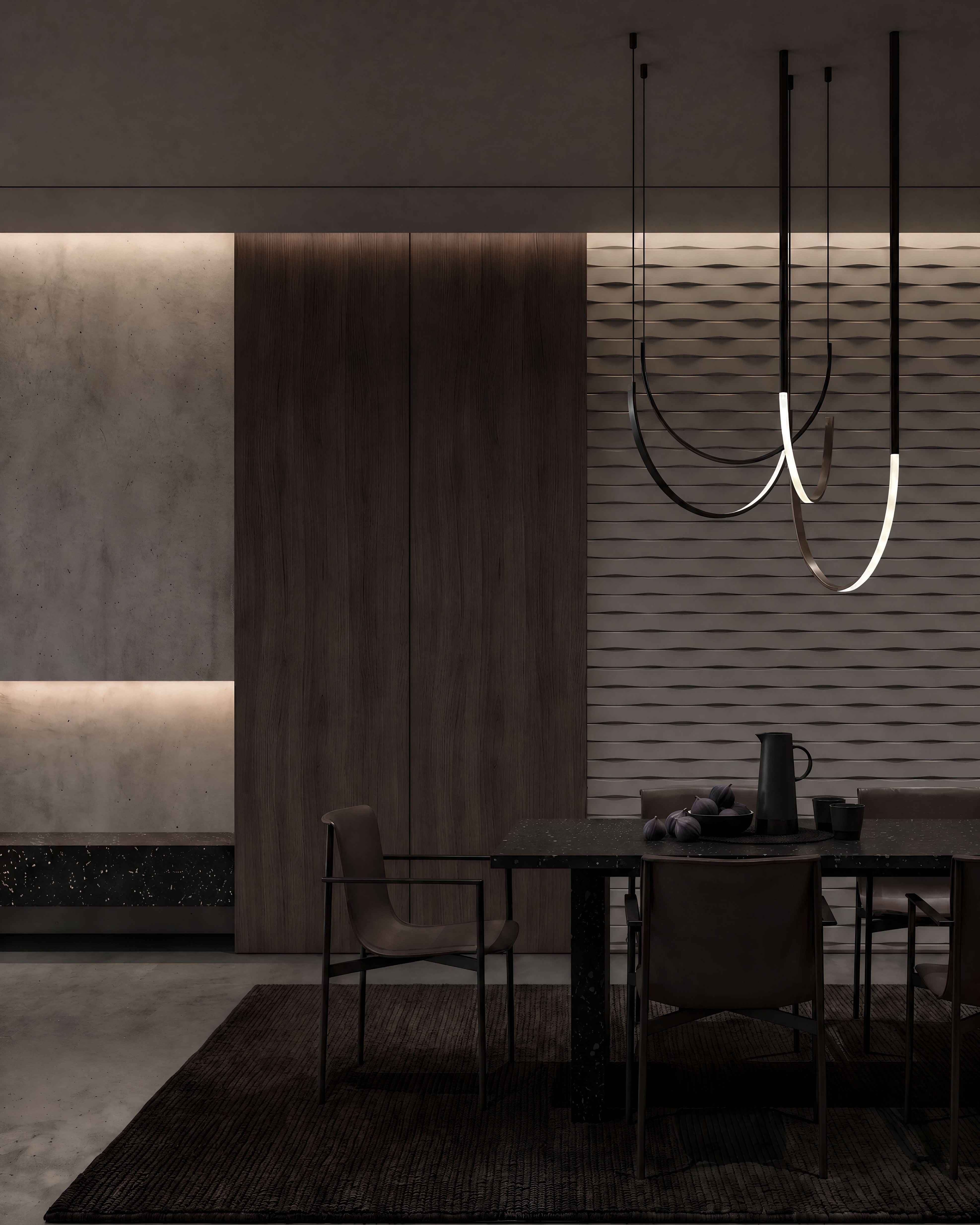 Kandes WEAVE 0115 gypsum 3D wall panels in a dining room with sculptural pendant lights