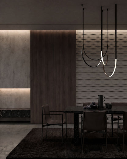 Kandes WEAVE 0115 gypsum 3D wall panels in a dining room with sculptural pendant lights
