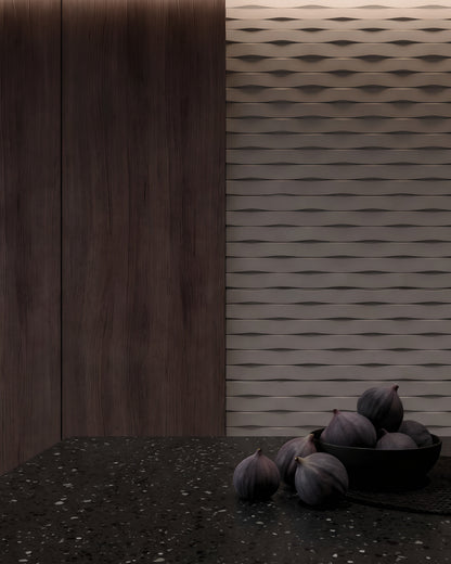 WEAVE 0115 gypsum 3D wall panel texture close up behind a kitchen worktop with figs