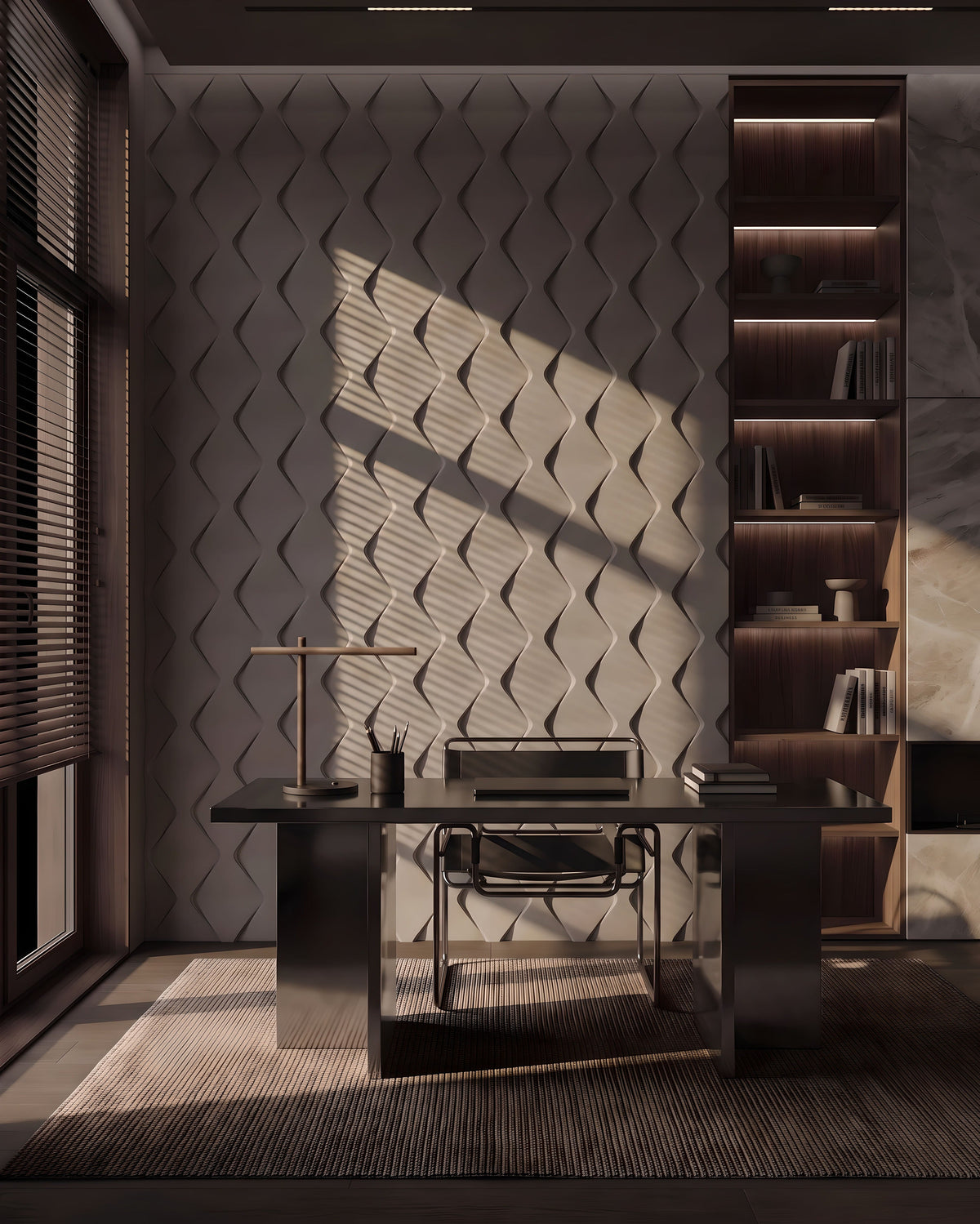 Kandes ROMBO 0118 gypsum 3D wall panels in a sunlit home office with desk and shelving