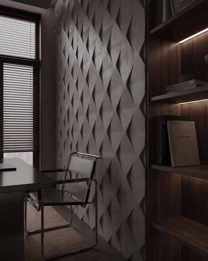 ROMBO 0118 gypsum 3D wall panels at an angle beside walnut shelving