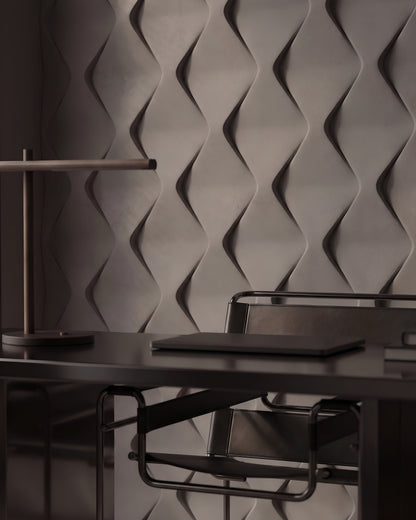 ROMBO 0118 gypsum 3D wall panel detail behind a desk with table lamp