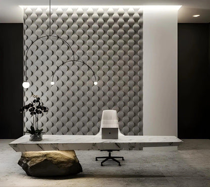 3d textured decorative wall panels, 3d gypsum coverings porcelain plaster effect, round scale geometric pattern, office interior with a grey feature wall 